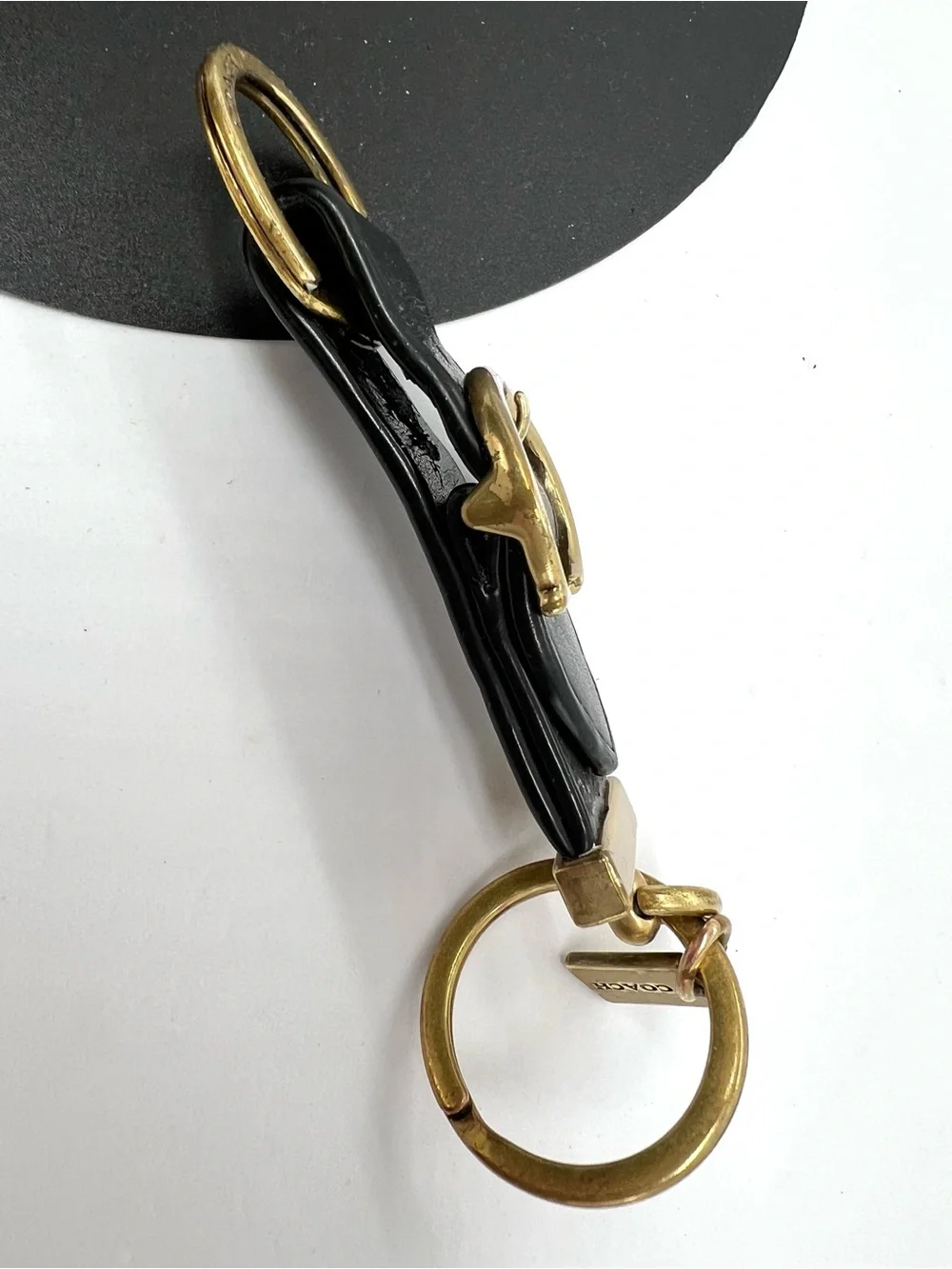 Vintage Coach Black Leather Valet Keychain Brass C Buckle Key Fob
